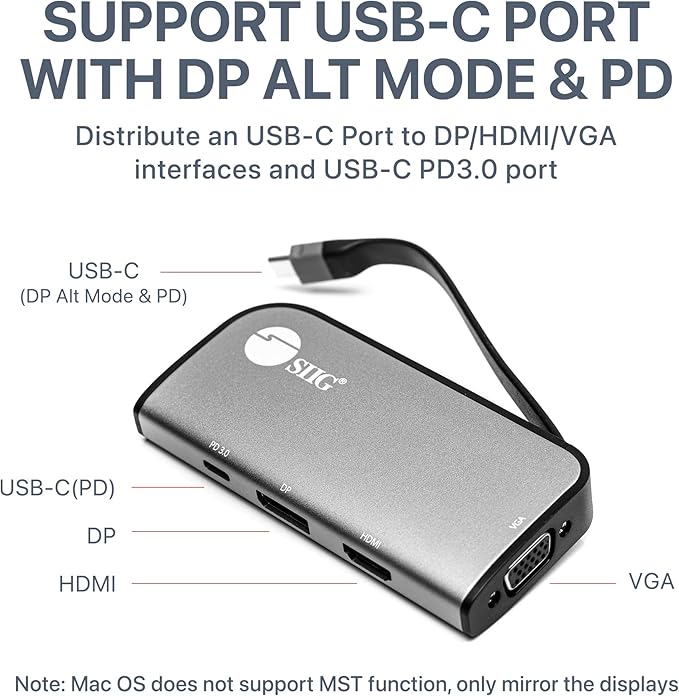 SIIG USB-C MST Hub with PD 3.0 USB-C to DP/HDMI/VGA Single 4K30+Dual 1080p or Triple 1080p Video outputs PD 100W for Windows and Chromebook laptops (DP Alt Mode) NOT for Mac OS (CB-TC0G11-S1)