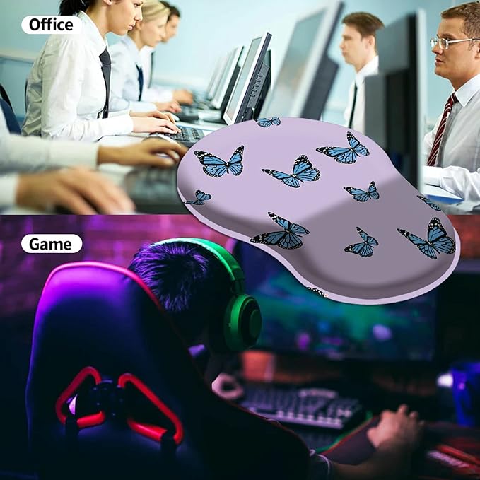 Mouse Pad with Wrist Support Gel Cute Purple Butterfly Pattern Design Ergonomic Gaming Mousepad with Wrist Rest for Laptop Computer Home Office Working Mouse Mat + A Cute Coffee Pad