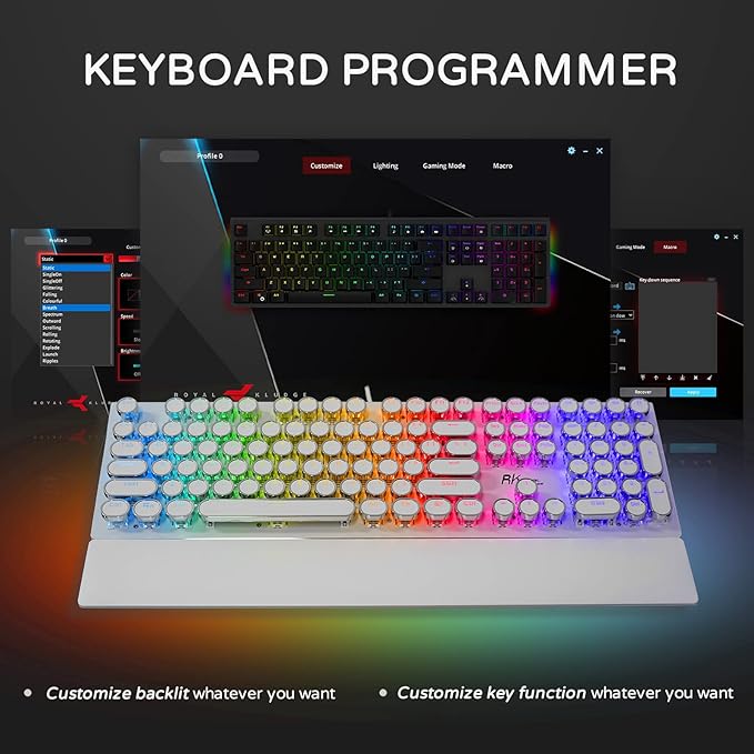 RK ROYAL KLUDGE S108 Typewriter Mechanical Keyboard Full RGB Gaming Keyboard Wired PC Game Keyboards with Detachable Wrist Rest and Number Pad Retro Round Keycaps Brown Switch White