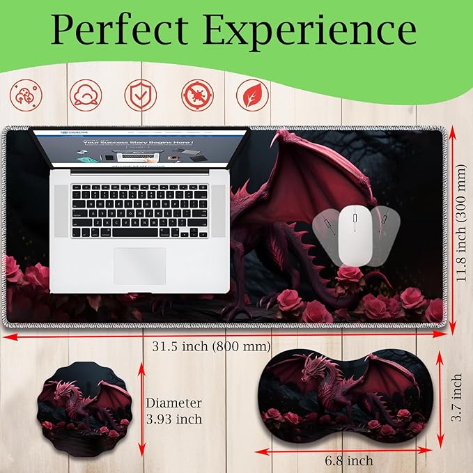 Mouse Pad Set Large Gaming Mouse Pad (31.5X 11.8 inches)+ Wrist Rest Pad + Coaster Ergonomic Wrist pad Home Office Desk Accessories Decor Supplies Rose Dragon