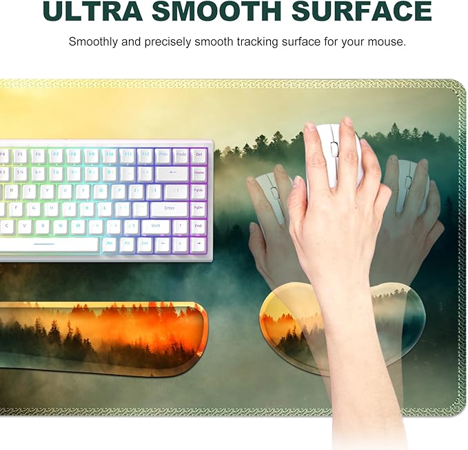 Keyboard Mouse Pad Set Extended Gaming Mouse Pad +Keyboard Wrist Support +Mouse Wrist Rest +Coaster 35.4x15.7 in XXL Large Ergonomic Desk Mat 4in1 Set for Home Office Sunset Misty Forest
