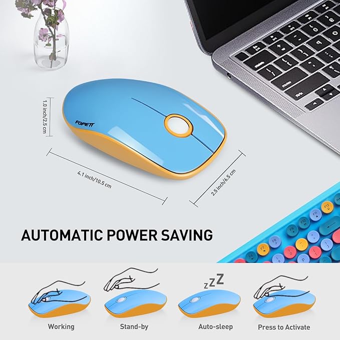 FOPETT Wireless Keyboard and Mouse Combo 105 Keys Full-Sized 2.4 GHz Round Keycap Colorful Keyboards USB Receiver Plug and Play for Windows Mac PC Laptop Desktop (Blue Colorful)