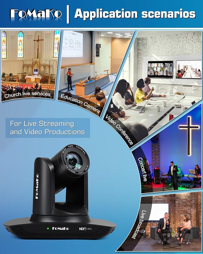 FoMaKo NDI PTZ Camera AI Auto-Tracking Gen 3 20x Optical Zoom LAN USB3.0 HDMI PTZ Camera for Church Services Worship Education (NDI 6 &amp NDI HX3) FMK20UH NDI-B (Black Color)