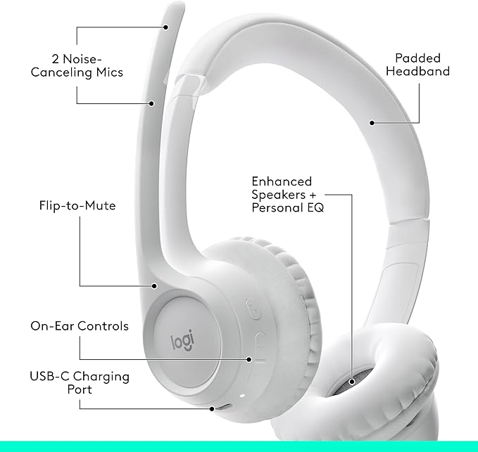 Logitech Zone 300 Wireless Bluetooth Headset with Noise-Canceling Microphone Compatible with Windows Mac Chrome Linux iOS iPadOS Android – Off-White
