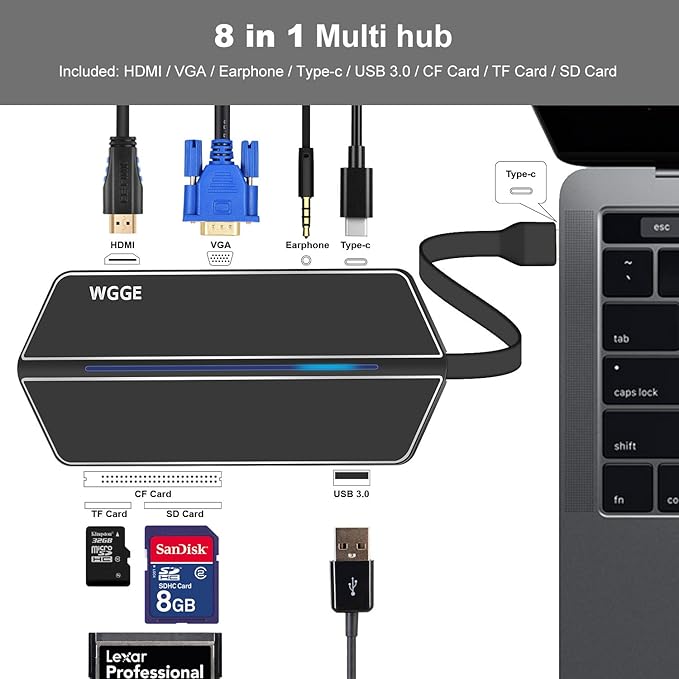 WGGE USB C Travel Dock USB C/Type c Hub 8-in-1 USB C Hub Adapter with VGA PortType c Port MicroSD/SD/TF/CF Card ReaderUSB 3.0 PortCompactFlashUSB C Charging Port for USB C Devices