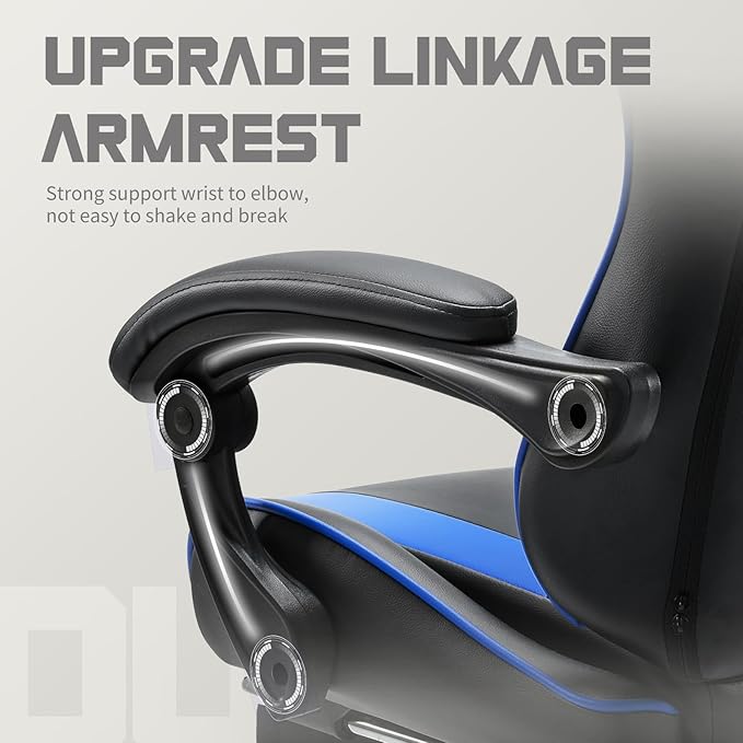edx Ergonomic Gaming Chair PU Leather Office Computer Chair with Footrest Headrest Linkage Armrests Height Adjustable 360° Swivel Reclining (Blue)