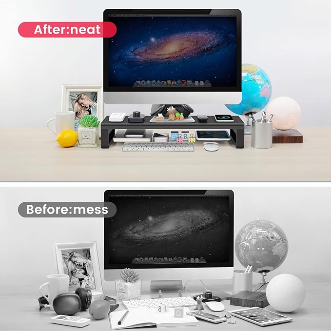 Vaydeer Wireless Charging and USB 3.0 Monitor Stand Monitor Riser for Desk with Storage Single Shelf Holder Raiser Organizer for Computer iMac Laptop PC Screen Heavy Duty Gift Gaming Studio Office