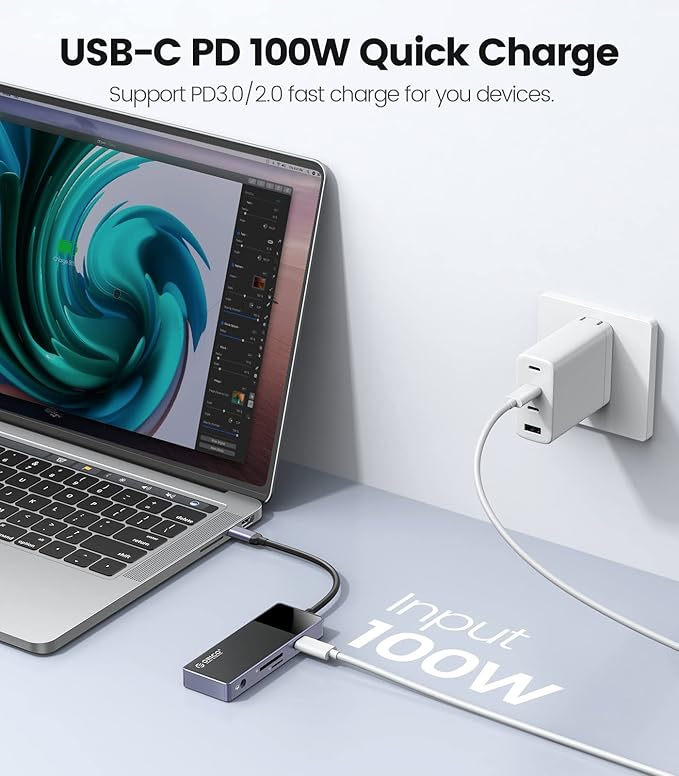 USB C Hub ORICO 8 in 1 MacBook Docking Station Multiport Adapter with PD 100WHDMI 4K@30HzUSB-A3.0×3 SD/TF×13.5mm Audio×1 Compatible for Dell/Surface/HP/Lenovo Laptops
