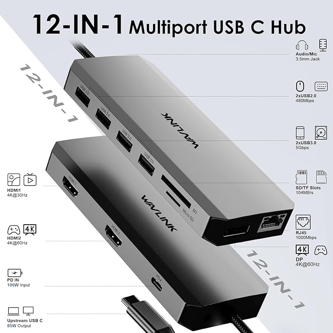 WAVLINK USB C Docking Station Dual Monitor for Laptop Dell/Lenovo/HP/XPS USB-C Hub Multiport Adapter Dongle Dock with 2 HDMI DisplayPort Ethernet Hub 87W Power Delivery SD Card Reader Audio