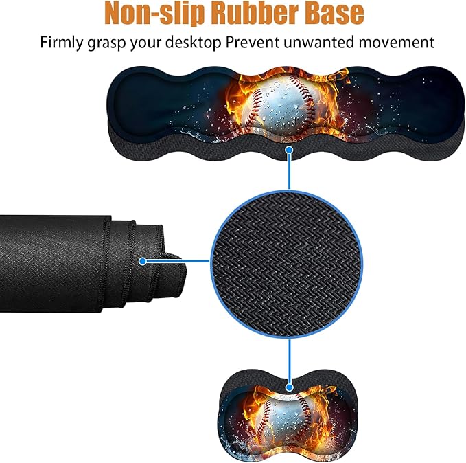 4 in 1 Ergonomic Keyboard Wrist Rest &amp Mouse Pad Wrist Rest Set Large XXL Gaming Desk Mat 31.5x 11.8 with Non-Slip Base Memory Foam for Home Office Study Gaming Burning Baseball Fire and Wate