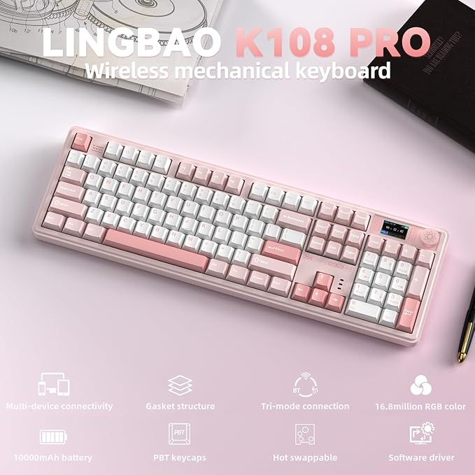 LINGBAO K108 Pro Wireless Mechanical Keyboard with Screen &amp Knob Full Size Creamy Keyboard with Number Pad 10000mAh Battery PBT Keycaps RGB Backlit Hot-swappable Pink Gaming Keyboard for PC/M