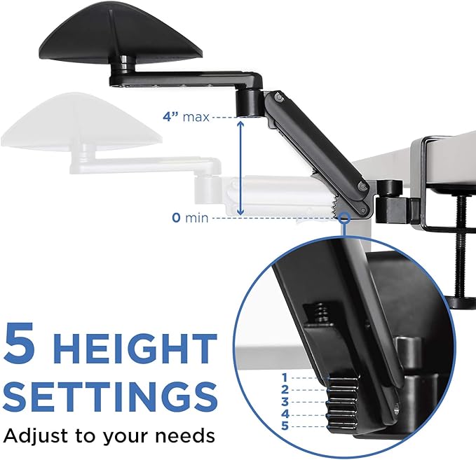 Mount-It! Adjustable Arm Rest for Desk Ergonomic Elbow &amp Forearm Support Height Adjustable Full Motion Rotating Desk Arm with Clamp-On Base for Computer &amp Keyboard Use Steel Construction (M