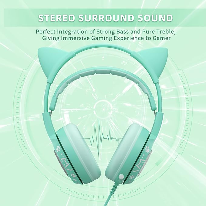 SOMIC G951S Green Gaming Headset with Microphone for PS4 PS5 Xbox One PC Cat Ear Headphones Over Ear with in-Line Mic Control Stereo Sound for Girls Woman