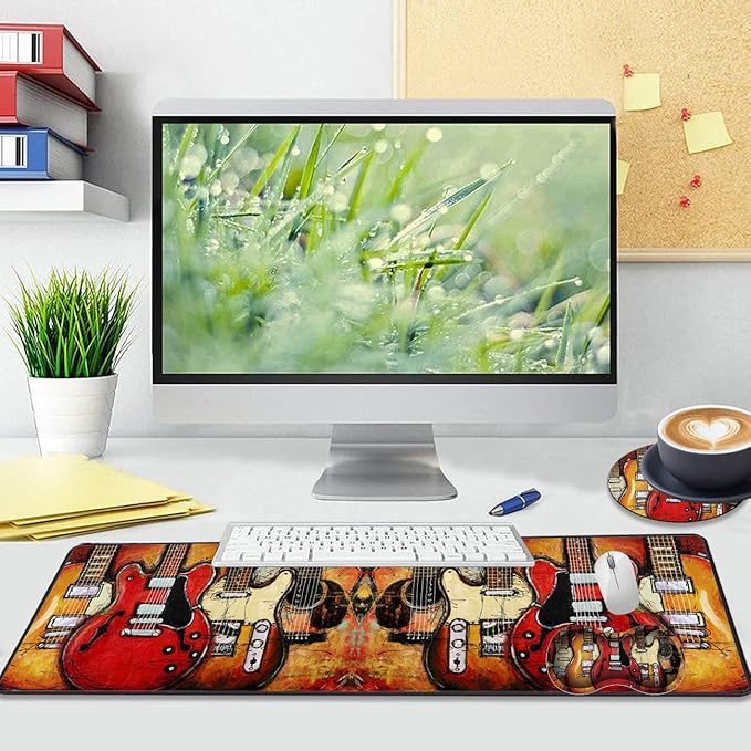 Extended Gaming Mouse Pad Desk Pad Keyboard Pad Mouse Wrist Rest and Coaster Anti-Slip Rubber Base Mouse Pad Suitable for Gaming and Office Guitar