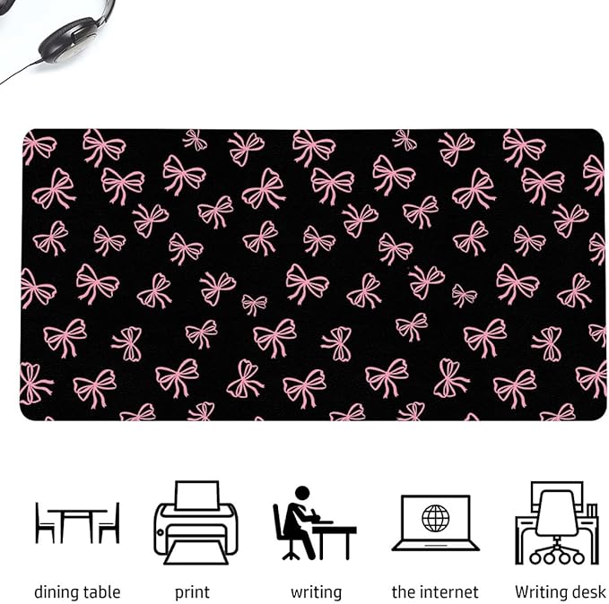 Cute Pink Bow Black Extended Gaming Keyboard Mouse Pad Non-Slip Leather Home Office Desk Mat Protector Laptop Desk Pad Writing Pad