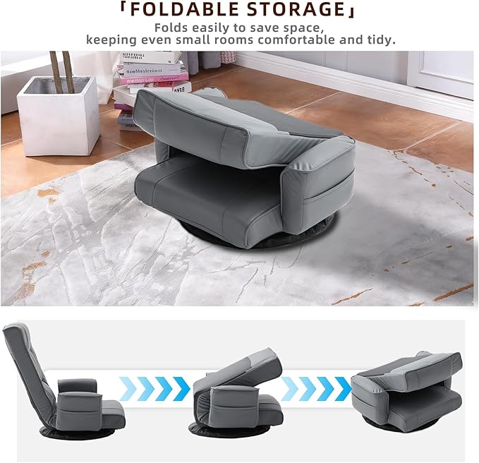 FLOGUOR 360° Swivel Gaming Floor Chair with Armrests – 14-Position Adjustable Folding Floor Sofa Lounger Padded Backrest Multi-Angle Recline for Home Living Room &amp Office (Grey)