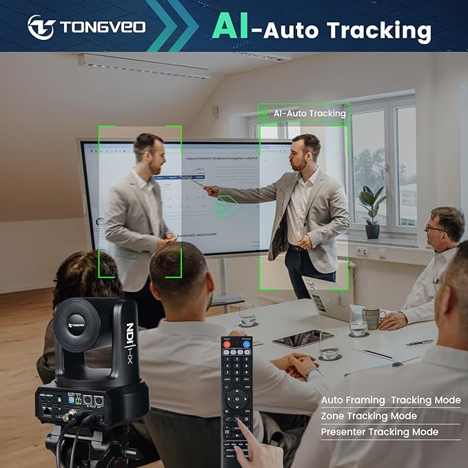 4K NDI PTZ Camera 60FPS 4KP60 AI Auto-Tracking 20X Optical Zoom Video Conference Camera 1/1.8 UHD CMOS 8.42MP with USB 3G-SDI HDMI LAN Outputs POE Live Streaming for Church Worship Conference Events