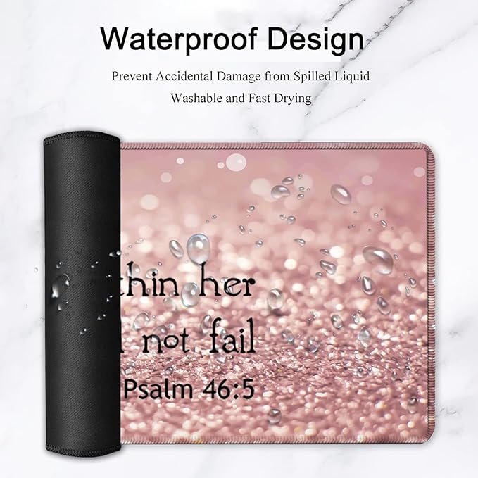 Large Gaming Mouse Pad Extended Waterproof Desk Pad Protector (31.5 x 11.8) Ergonomics Memory Foam Mouse Wrist Rest Support for Home Office Laptop Easy Typing Psalm 46:5 Bible Pink Mouse Mat