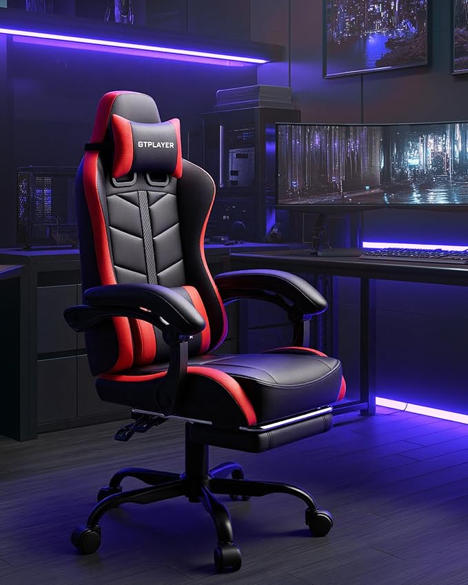 GTPLAYER Gaming Chair for Adults Ergonomic Computer Gaming Chair with Footrest Height Adjustable 90-155° Recline &amp Removable Headrest Lumbar Support Black&ampRed