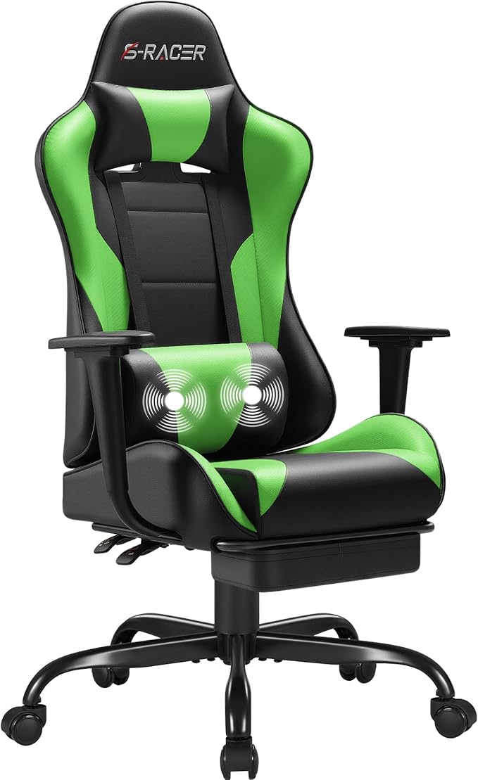 Homall Gaming Chairs Computer Chair with Footrest and Massage Lumbar Support Height Adjustable Game Chair with Headrest and Swivel Seat (Light Green)