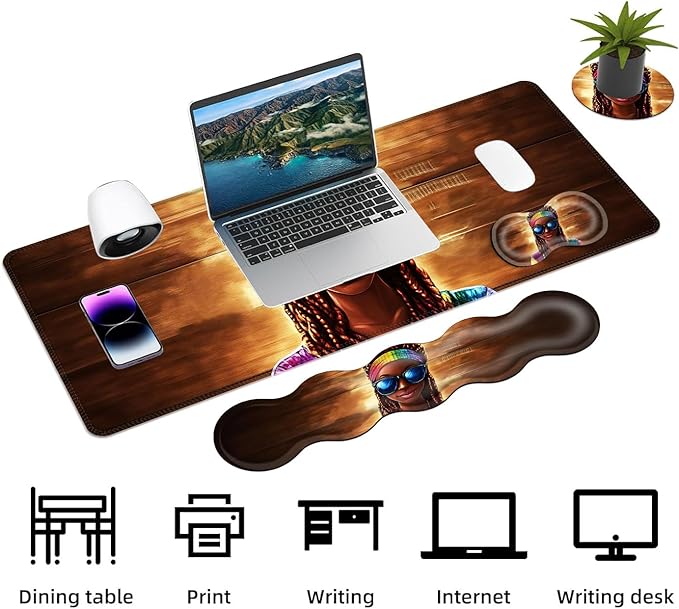 Keyboard Mouse Pad Set Extended Gaming Mouse Pad+Ergonomics Keyboard Wrist Rest Support Memory Foam Easy Typing Pain Relief 4Pcs XL Ultra Thick Desk MatRainbow Woman
