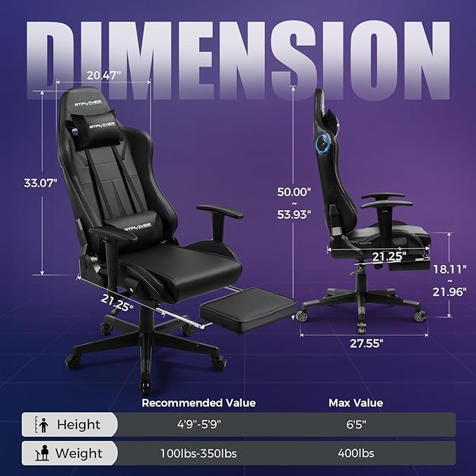 GTPLAYER Gaming Chair with Speakers Video Game Chairs with Footrest for Adults Ergonomic Computer PC Gamer Reclining Chair(Black)
