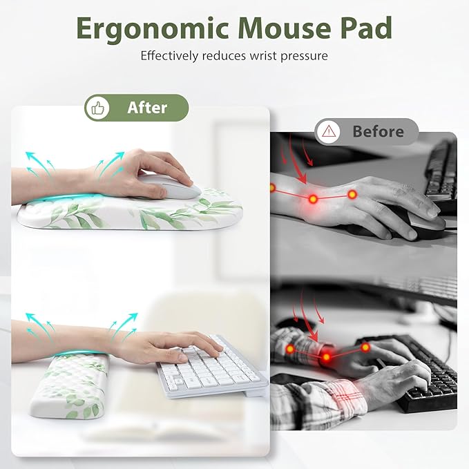 EYROZILL 3 in 1 Ergonomic Mouse Pad and Keyboard Wrist Rest Cute Mouse Pad with Wrist Support Massage Design Non-Slip Wrist Pad for Mouse Desk Mouse Set (Green Plant)