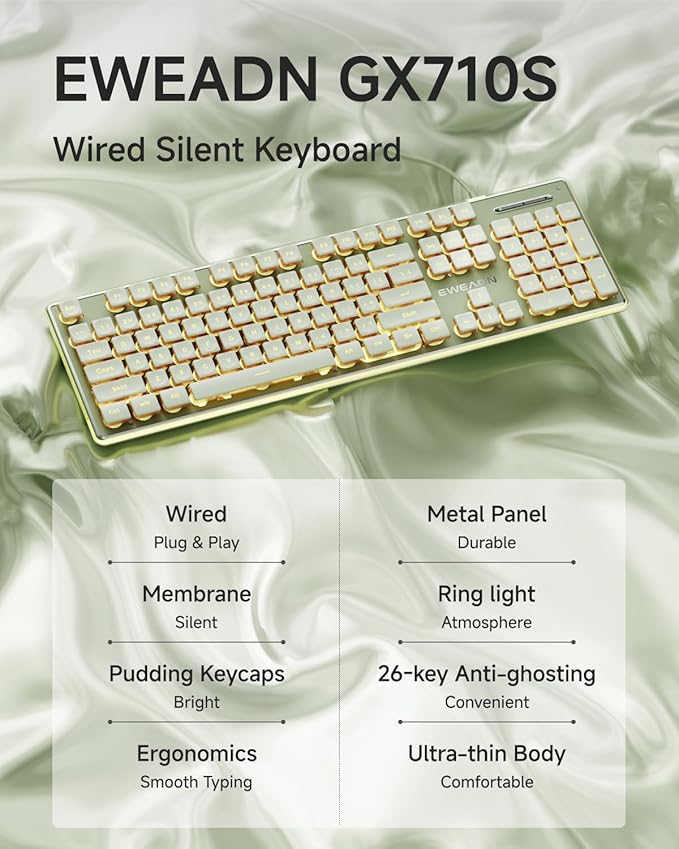 EWEADN GX710S Backlit Computer Keyboards Wired USB Keyboard with Warm Backlit Metal Panel Plug and Play Pudding Keycaps Full Size Quite Computer Keyboard for Win/PC/Laptop-Green