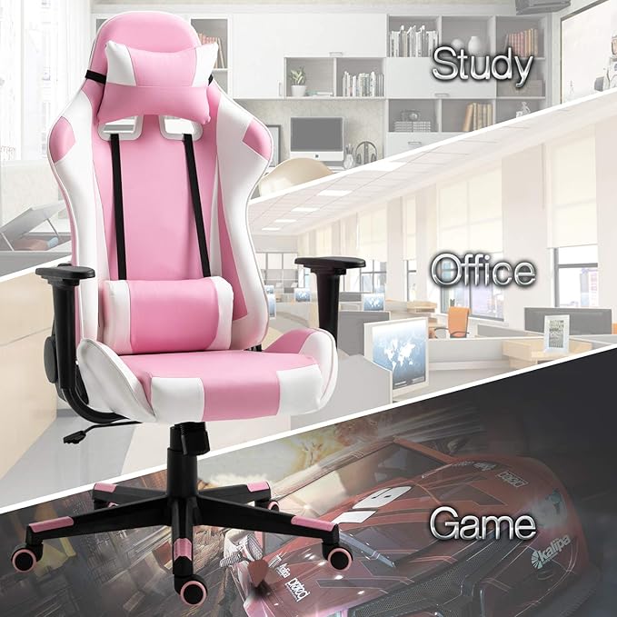 Modern-Depo Gaming Chair Pink White Adjustable Swivel Ergonomic Office Recliner Chairs for Adults Girls