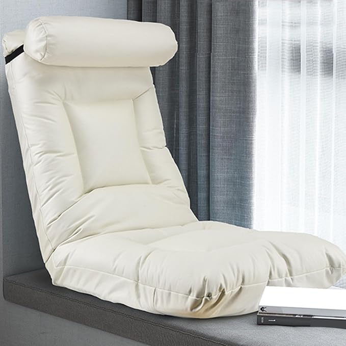 Single Sofa Chair Modern Folding Floor Gaming Chair 6-Position Backrest Adjustable Load Bearing 60kg Perfect for Reading Meditating with Headrest(White)