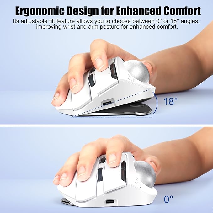 TRELC Wireless Trackball Mouse Ergonomic Rollerball Mouse with 4800 DPI/7 Programmable Buttons Thumb Control Mice Rechargeable Optical Mouse for 3 Devices for Windows PC Laptop Tablet (White)