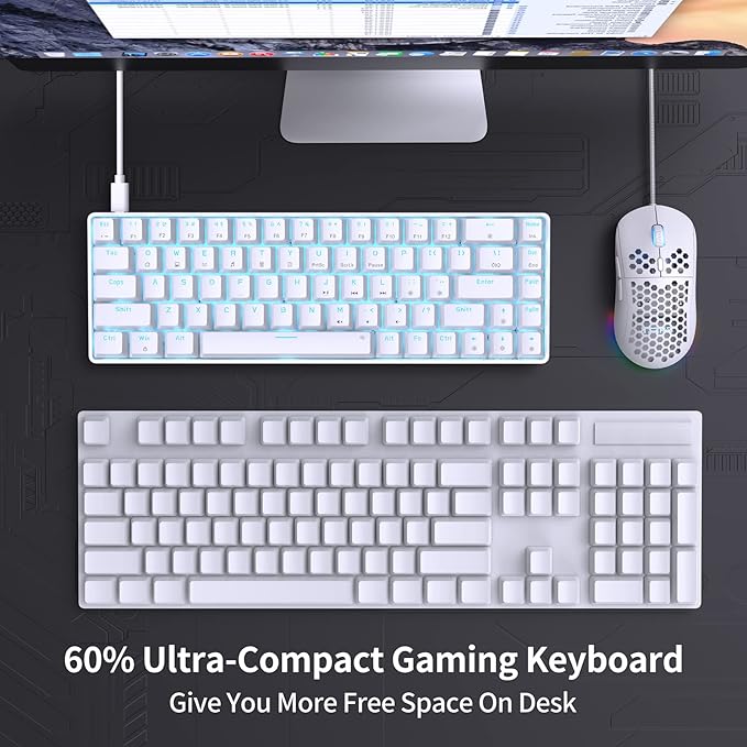 DIERYA T68SE 60% Gaming Mechanical KeyboardUltra Compact Mini 68 Key with Blue Switches Wired KeyboardAnti-Ghosting Keys for Windows Laptops and PC GamersWhite