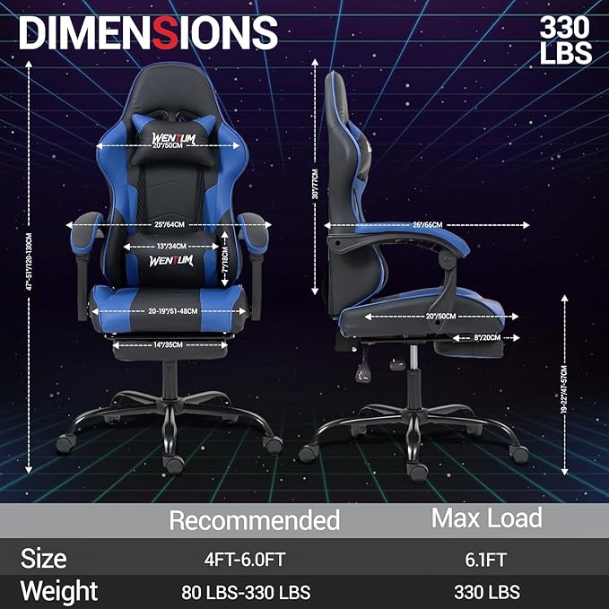 Gaming Chair with Footrest for Adults - PU Leather Video Game Chair w/Massage Lumbar Support for Men Women Ernogomic Computer Gamer Chair for Home Office Height Adjustable Blue