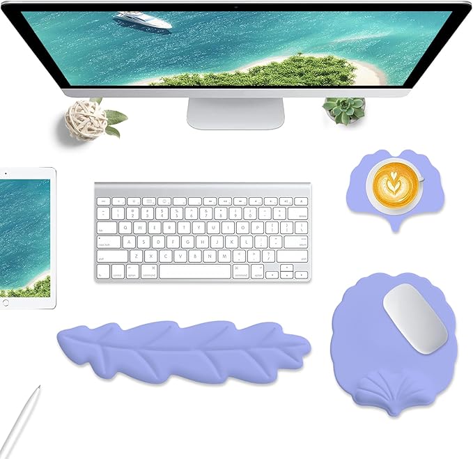 Keyboard Wrist Rest and Mouse Pad with Wrist Support Set Ergonomic Leaf Shape Mouse Pad with Non-Slip Base Pain Relief Memory Foam Mousepad for ComputerLaptopHome Office Purple
