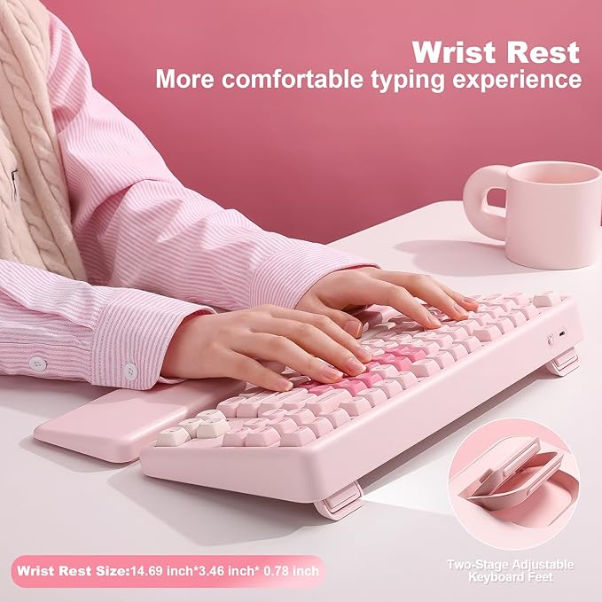 YUNZII B87 Wireless Mechanical KeyboardQMK/VIA ProgrammableTKL Layout 87 KeysBT/2.4G/USB-CHot Swap Gasket Mount RGB Backlit Gaming with Wrist Rest for Win/Mac (Pink Milk V2)