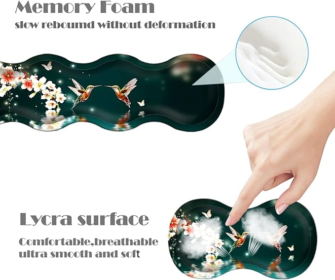 Ergonomic Keyboard Wrist Rest &amp Mouse Pad Wrist Rest SetXL Gaming Desk Mat 31.5x 11.8Non-Slip BaseMemory FoamEasy Typing Pain Relief for Office &amp HomeHummingbirds and Flowers