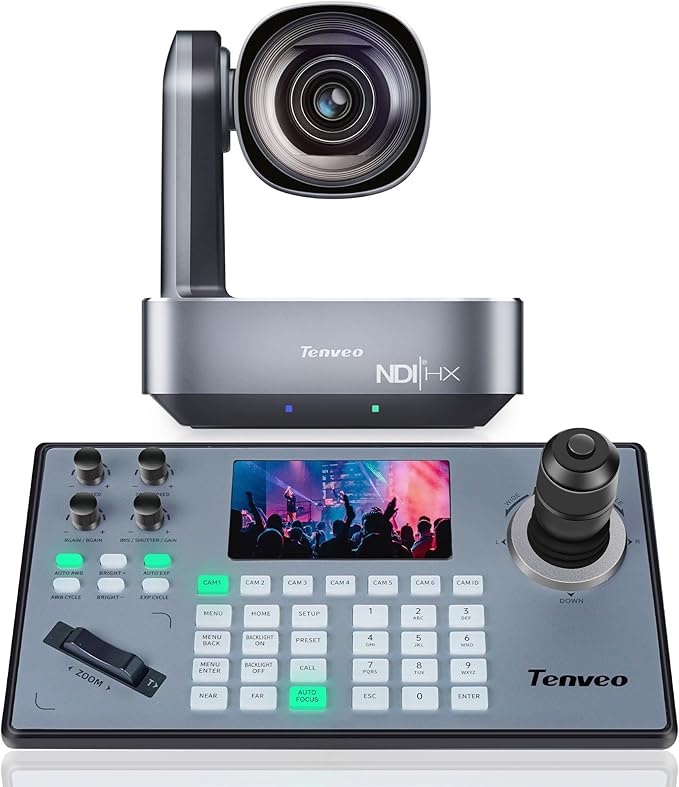 Tenveo 4K NDI PTZ Camera and Controller Bundle AI Auto-Tracking HDMI/USB3.0/LAN/PoE PTZ Camera and PTZ Controller PoE Joystick Controller Kit for Church Live Streaming Broadcast Events