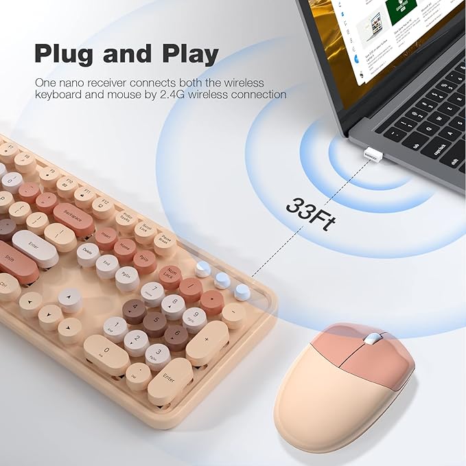 Wireless Keyboard and Mouse Combo MOWUX Colorful Computer Full Size 2.4G Plug and Play Wireless Typewriter Keyboard and Mouse Set for Windows Computer Desktop PC Notebook (Milk Tea Colorful)
