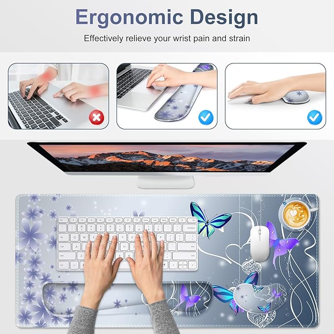 Cute Butterfly Desk Mat Florals 4 in1 Large Gaming Mouse Pad Set Ergonomics Keyboard Pad with Memory Foam Wrist Rest Extended Game Mousepad Non-Slip Desk Protector Matt Easy Typing Pain Relief