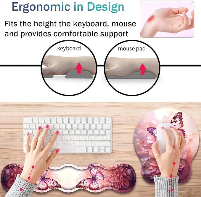 Ergonomic Keyboard Wrist Support Pad and Wrist Support Mouse Pad Anti-Slip with Gel Memory Mouse Pad Set Suitable for Office Use/Home Use - Pink Butterfly Flower