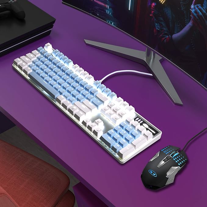MageGee Mechanical Gaming Keyboard New Upgraded Blue Switch 104 Keys White Backlit Keyboards USB Wired Mechanical Computer Keyboard for Laptop Desktop PC Gamers(White &amp Blue)