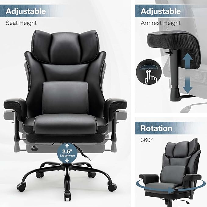 High Back Office Chair Ergonomic Executive Massage Chairs with Adjustable Armrest and Lumbar Support Comfy Adjustable Height Rocking Computer Gaming Chair with Swivel Wheels (Black)