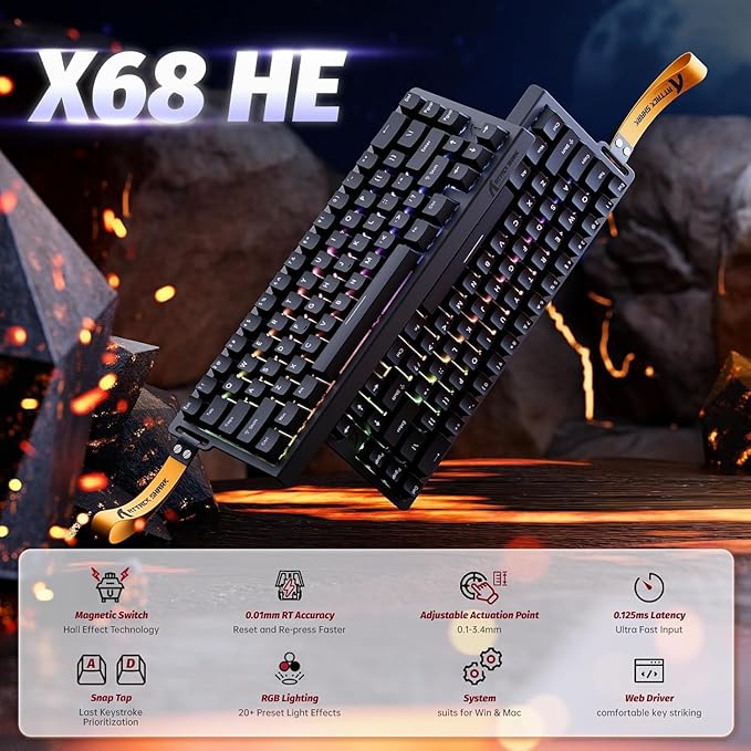ATTACK SHARK X68 HE Rapid Trigger Mechanical Gaming Keyboard 60% Wired TKL with Adjustable ActuationHall Effect Magnetic Switch8KHz Polling RateRGB BacklitTop Mount for PC Mac Esport Gamer(Black)