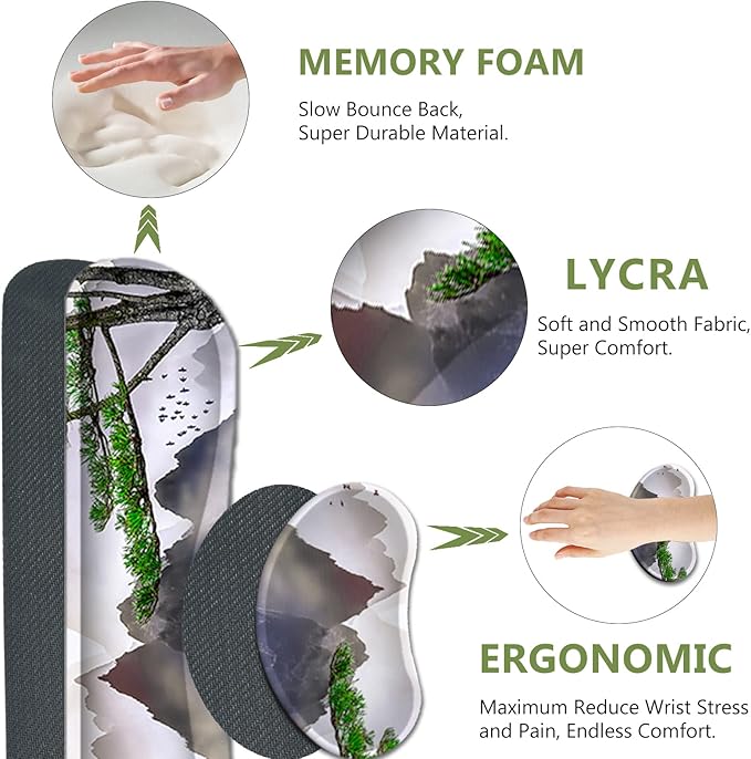 AIMSA Large Gaming Mouse Pad Set Keyboard Wrist Rest Support + Extended Mouse Pad + Mouse Wrist Cushion + Coaster Ergonomic Memory Foam Desk Mat 35x15.7in Anti-Slip Base (Pine Tree Mountains)