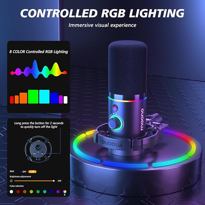 MAONO XLR/USB Dynamic Microphone Kit RGB Podcast Mic with Software Mute Gain Knob Volume Control Boom Arm for Streaming Gaming Voice-Over Recording-PD200XS Black