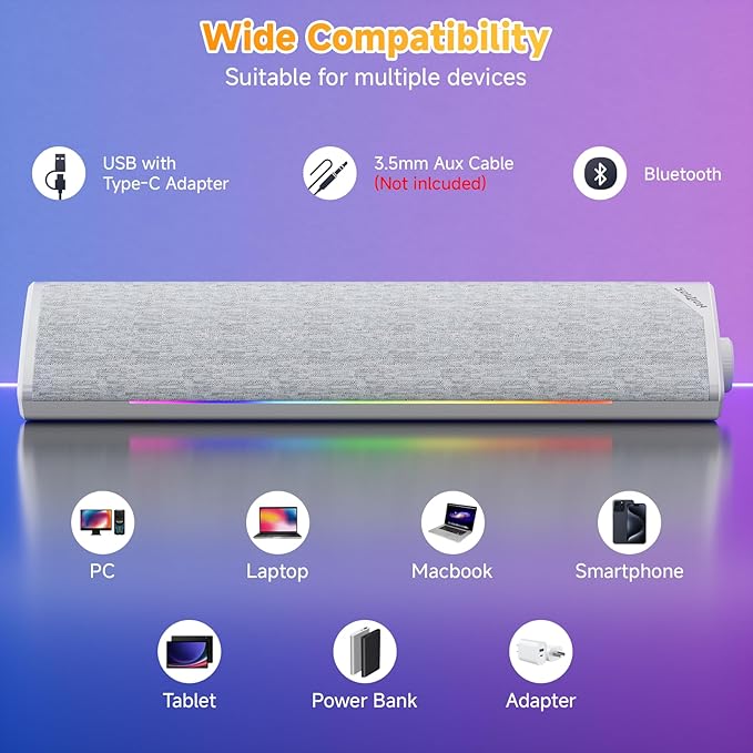 SOULION Computer Speakers USB-Powered Bluetooth PC Soundbar with Dynamic RGB LED Lights Surround Sound for Desktop Laptop Office Work Music &amp Gaming White (USB-C to USB Adapter Included)