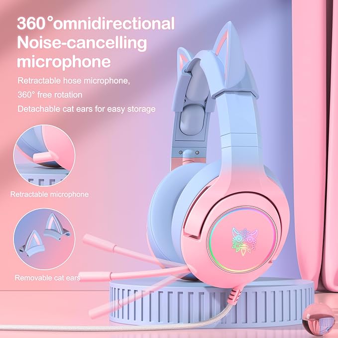 PHNIXGAM Gaming Headset for PS4 PS5 Cat Ear Headphones with Retractable Microphone RGB Backlight Surround Sound for PC Mobile Phone Gradient Pink Blue