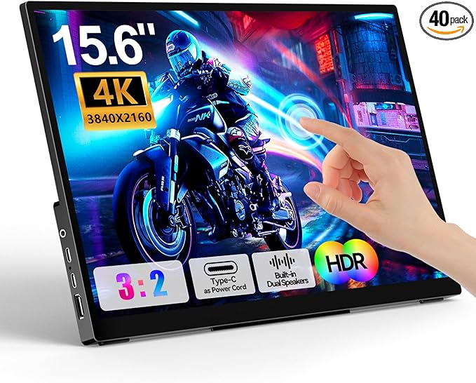 4K Portable Touch Monitor 15.6 inch 3840 * 2160 UHD w/USB-C HDMI Laptop Monitor 2000:1 100% RGB IPS Aluminum Alloy Shell10-Point TouchDual Speaker HDR for Home Work