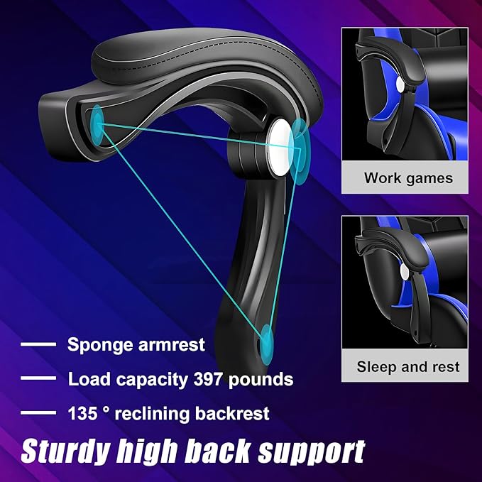 Gamer Chair Gaming Chair with Built-in Speakers &amp LED Light Ergonomic Reclining Chair with Massage Lumbar Support Retractable Footrest Height Adjustable (Dark Blue)