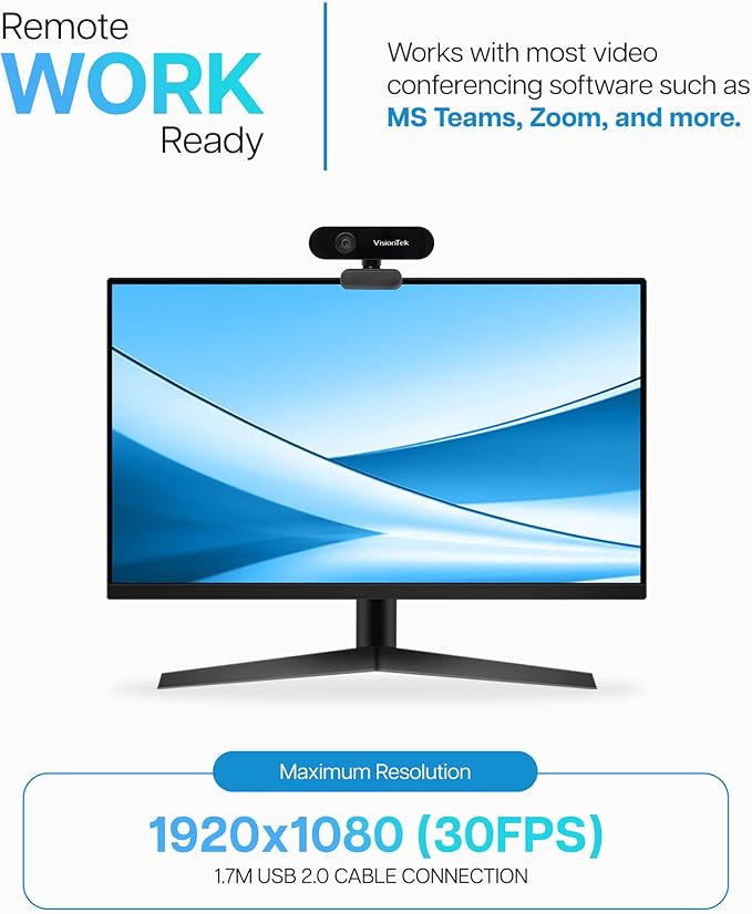 VisionTek VTWC30 Premium Full HD (1080P 30FPS) Webcam for Windows Mac Linux &amp Chromebook with Digital Dual Microphones Manual Focus Lens Privacy Cover 83-Degree Viewing Angle